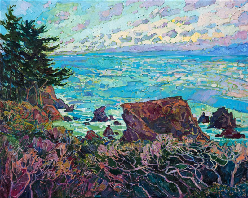 I visited Mendocino for the first time this summer, and I was struck by the bold shapes of the rocky coastline and the deep rich color of the landscape.  I saw wildflowers there I had never seen before, and the dramatic weather changes gave me some great cloudscapes for painting!  </p><p>This painting was done on 1-1/2" canvas, with the painting continued around the edges.  The painting will be framed in a custom-made, hand-carved floater frame, and it arrives wired and easy to hang.</p><p>Our hearts are with the residents and businesses impacted by the recent fires that have spread across the Northern California wine regions. Erin just recently spent time exploring Mendocino and Napa for inspiration and was sad to see that the very landscapes she had just been painting are now burnt dramatically to the ground. It is our goal to help the area reemerge from this tragedy and will donate 10% of the proceeds for this painting <i>Napa Valley Community Disaster Relief Fund </i> and <i>Sonoma Humane Society</i>. </p><p>For the next 30 days we will also be donating 100% of all proceeds from her <a href="https://www.erinhanson.com/WineCountryBook" target="_blank">California Wine Country</a> book sales to these hardworking and much valued non-profits. 