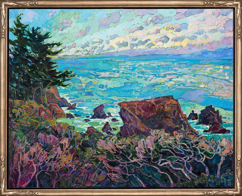 I visited Mendocino for the first time this summer, and I was struck by the bold shapes of the rocky coastline and the deep rich color of the landscape.  I saw wildflowers there I had never seen before, and the dramatic weather changes gave me some great cloudscapes for painting!  </p><p>This painting was done on 1-1/2" canvas, with the painting continued around the edges.  The painting will be framed in a custom-made, hand-carved floater frame, and it arrives wired and easy to hang.</p><p>Our hearts are with the residents and businesses impacted by the recent fires that have spread across the Northern California wine regions. Erin just recently spent time exploring Mendocino and Napa for inspiration and was sad to see that the very landscapes she had just been painting are now burnt dramatically to the ground. It is our goal to help the area reemerge from this tragedy and will donate 10% of the proceeds for this painting <i>Napa Valley Community Disaster Relief Fund </i> and <i>Sonoma Humane Society</i>. </p><p>For the next 30 days we will also be donating 100% of all proceeds from her <a href="https://www.erinhanson.com/WineCountryBook" target="_blank">California Wine Country</a> book sales to these hardworking and much valued non-profits. 