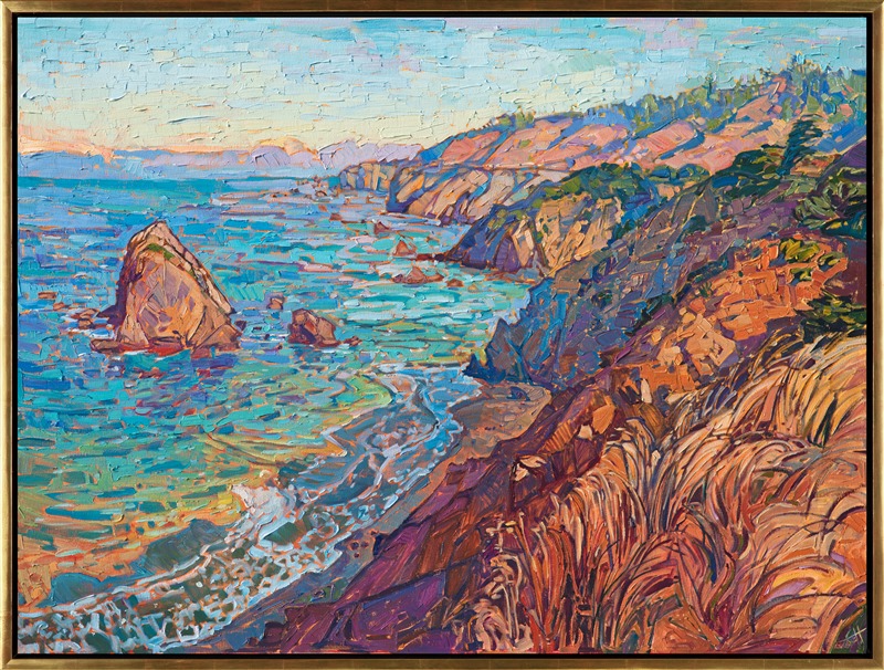 The coastline near Mendocino is some of the most beautiful along the California coast. The colors of the seaside cliffs are rich and warm, casting cool shadows into the waters below. Loose brush strokes and thickly applied paint capture the scene in a painterly, impressionistic style.</p><p>This painting was created on 1-1/2" canvas, with the painting continued around the edges of the canvas. The piece has been framed in a gold floater frame and arrives ready to hang.