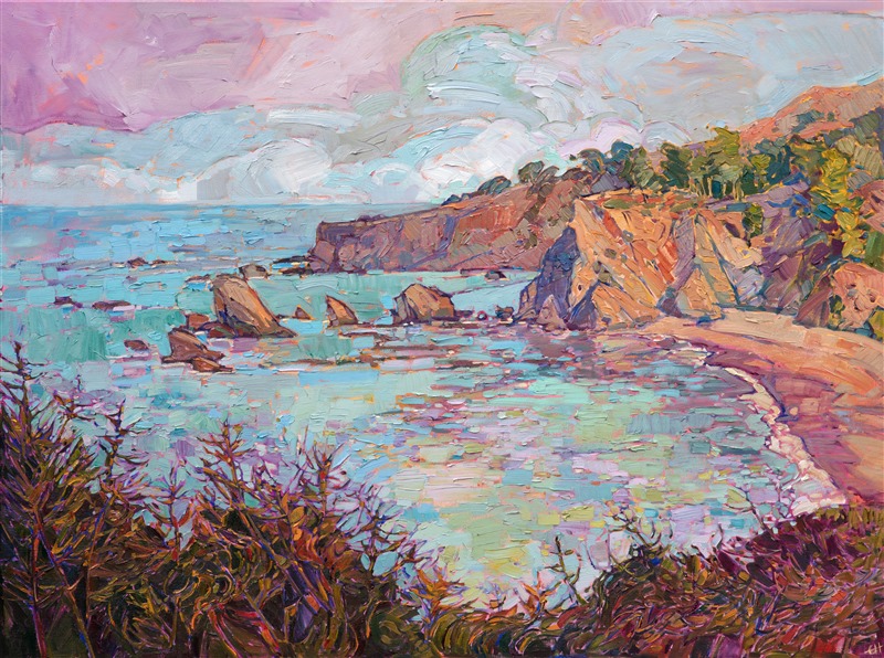 Early morning light illuminates the rocky cliffs of Mendocino, casting a warm sherbet glow across the landscape.  The fog had just lifted, and the cooler shadows of viridian and lavender still hang over the distant waters.  The brush strokes in this painting are loose and impressionsitic, capturing the feeling of being outdoors.</p><p>This painting was done on 1-1/2" canvas, with the painting continued around the edges.  The piece has been framed in a hand-carved and gilded floating frame.