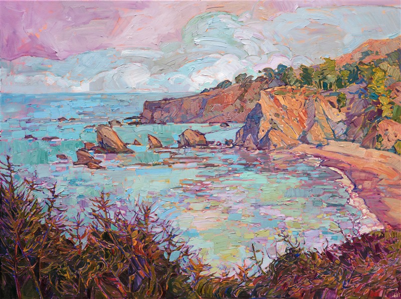Early morning light illuminates the rocky cliffs of Mendocino, casting a warm sherbet glow across the landscape.  The fog had just lifted, and the cooler shadows of viridian and lavender still hang over the distant waters.  The brush strokes in this painting are loose and impressionsitic, capturing the feeling of being outdoors.

This painting was done on 1-1/2" canvas, with the painting continued around the edges.  The piece has been framed in a hand-carved and gilded floating frame.