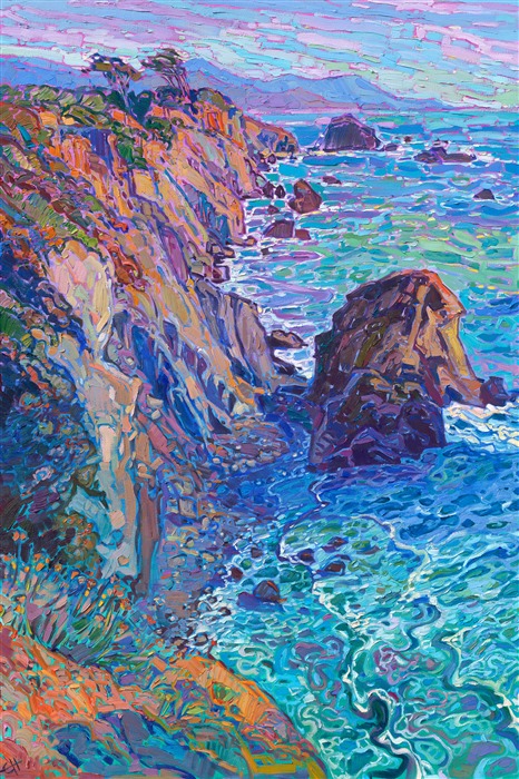 Mendocino waters glimmer in hues of turquoise and ultramarine blue. Thick brush strokes placed side by side capture the crystalline effect of light and shadow. This piece will be on display at Erin Hanson's solo museum show <i><a href="https://www.erinhanson.com/Event/AlchemistofColor" target="_blank">Erin Hanson: Alchemist of Color</i></a> at the Channel Islands Maritime Museum in Oxnard, California. 