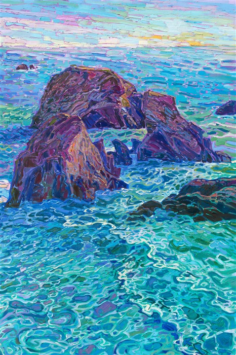 Mendocino waters glimmer in hues of turquoise and ultramarine blue. Thick brush strokes placed side by side capture the crystalline effect of light and shadow. This piece will be on display at Erin Hanson's solo museum show <i><a href="https://www.erinhanson.com/Event/AlchemistofColor" target="_blank">Erin Hanson: Alchemist of Color</i></a> at the Channel Islands Maritime Museum in Oxnard, California. 