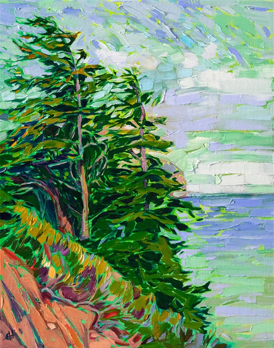 A grove of cypress trees stands high on a cliffside in Mendocino, California. The impressionistic color conveys the mood of the scene.</p><p>"Mendocino Green" was created on fine linen board. The painting arrives framed in a hand-carved and gilded plein air frame.