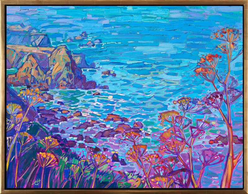 Rocky outcroppings shaped like haystacks dot the coastline of Mendocino. The northern California coast is famous for its colorful, rocky plateaus and boulders. The bright, aqua waters swirl with hues of turquoise and purple, a beautiful contrast to the summer hues of flowers.</p><p>The piece will be displayed at Erin Hanson's solo museum show <i><a href="https://www.erinhanson.com/Event/AlchemistofColor" target="_blank">Erin Hanson: Alchemist of Color</i></a> at the Channel Islands Maritime Museum in Oxnard, California. You may purchase this painting now, but the piece will not be delivered until after the show ends on December 28th, 2023.</p><p>"Mendocino Haystacks" is an original oil painting on stretched canvas. The piece arrives framed in a contemporary gold floating frame.