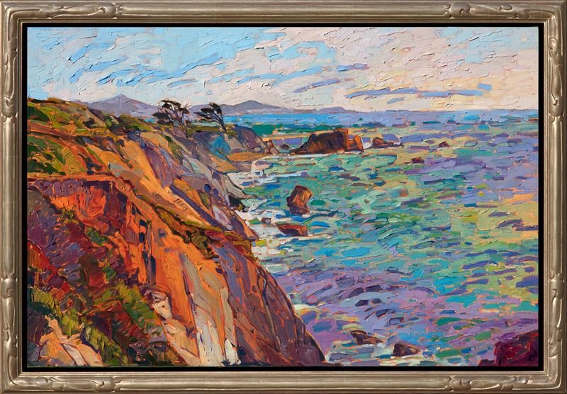 Sunset light illuminates the coastline of Mendocino.  The colorful rocks are layered in vivid shades of rust and lavender.  The brush strokes are thick and impressionistic, alive with texture and movement.  This painting captures all the beauty of the California coast.</p><p>This painting was done on 1-1/2" canvas, with the painting continued around the edges.  The piece arrives framed and ready to hang.