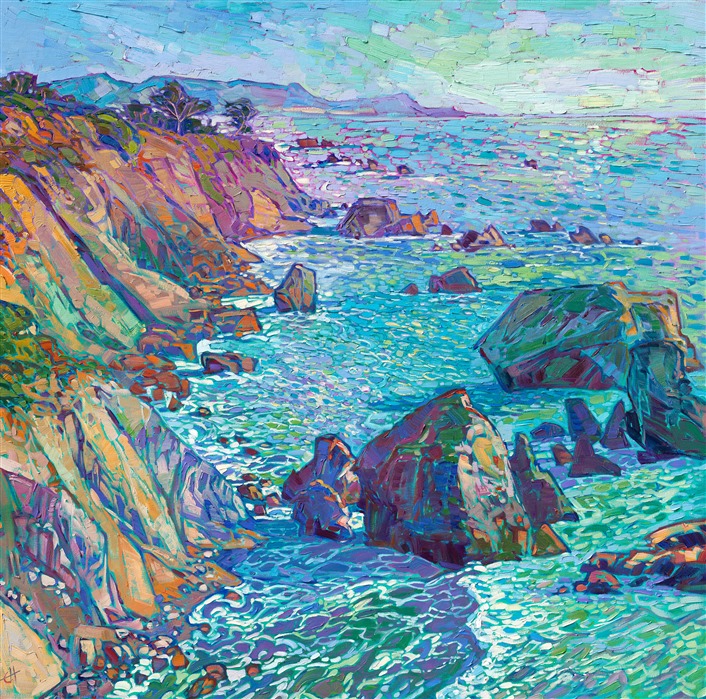 Swirling colors of ocean foam mingle together in this impressionist oil painting of Mendocino, California. This out-of-the-way destination in northern California is the epitome of coastal beauty. From the richly color cliffs to the aquamarine waters, from the movement of the waters below to the feeling of wind in the air, this painting captures the essence of Mendocino.</p><p>"Mendocino Waters" was created on 1-1/2" canvas, with the painting continued around the edges of the canvas. The piece arrives framed in a hand-carved, gilded floater frame.