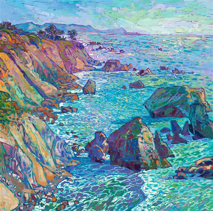Swirling colors of ocean foam mingle together in this impressionist oil painting of Mendocino, California. This out-of-the-way destination in northern California is the epitome of coastal beauty. From the richly color cliffs to the aquamarine waters, from the movement of the waters below to the feeling of wind in the air, this painting captures the essence of Mendocino.

"Mendocino Waters" was created on 1-1/2" canvas, with the painting continued around the edges of the canvas. The piece arrives framed in a hand-carved, gilded floater frame.