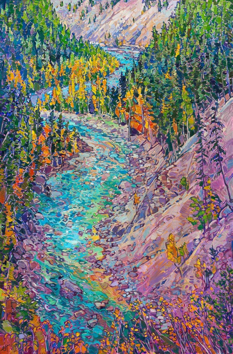 This painting of Middle Fork river captures the beautiful landscape of Montana. Vivid hues of turquoise balance with the colors of plum and deep pine green. The thick brush strokes in the painting keep the eye moving through the painting, exploring the changing textures and depth of color.