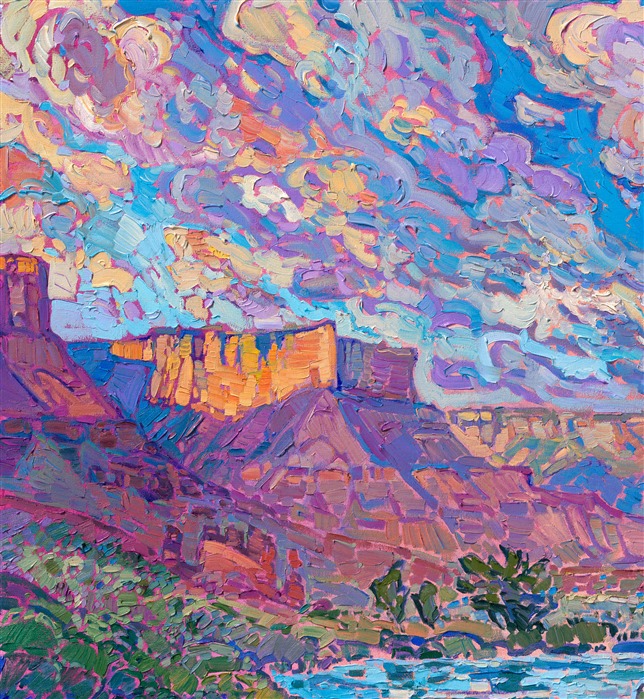 Moab is a popular destination for red rock landscape lovers across the world. Moab is at the entrance to Arches National Park and is also the gateway to accessing the Colorado River and Fisher Towers. The entire landscape looks like an Erin Hanson painting from sunrise to sunset, changing colors from blue and purple to hot orange and deep red and finally to soft pastels at dusk.</p><p>This painting captures the beautiful vistas seen from alongside the Colorado River, a few miles from Moab.</p><p>This painting was exhibited at <i>Erin Hanson: Landscapes of the West </i> solo museum exhibition at the Sears Art Museum in St. George, Utah.