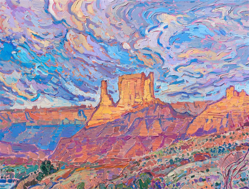 Moab is a popular destination for red rock landscape lovers across the world. Moab is at the entrance to Arches National Park and is also the gateway to accessing the Colorado River and Fisher Towers. The entire landscape looks like an Erin Hanson painting from sunrise to sunset, changing colors from blue and purple to hot orange and deep red and finally to soft pastels at dusk.</p><p>This painting captures the beautiful vistas seen from alongside the Colorado River, a few miles from Moab.</p><p>This painting was exhibited at <i>Erin Hanson: Landscapes of the West </i> solo museum exhibition at the Sears Art Museum in St. George, Utah.
