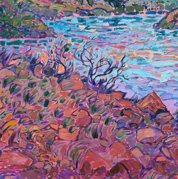 Moab is a popular destination for red rock landscape lovers across the world. Moab is at the entrance to Arches National Park and is also the gateway to accessing the Colorado River and Fisher Towers. The entire landscape looks like an Erin Hanson painting from sunrise to sunset, changing colors from blue and purple to hot orange and deep red and finally to soft pastels at dusk.</p><p>This painting captures the beautiful vistas seen from alongside the Colorado River, a few miles from Moab.</p><p>This painting was exhibited at <i>Erin Hanson: Landscapes of the West </i> solo museum exhibition at the Sears Art Museum in St. George, Utah.