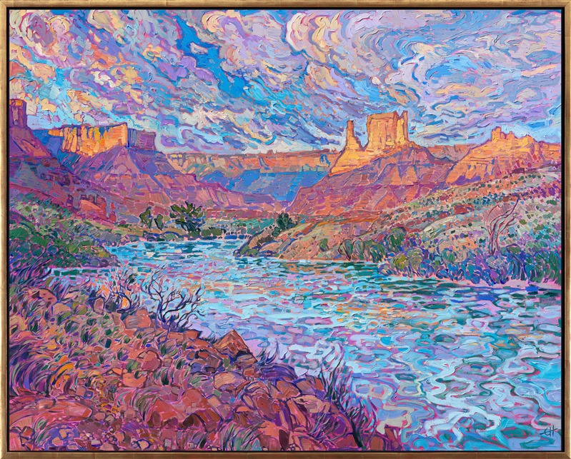Moab is a popular destination for red rock landscape lovers across the world. Moab is at the entrance to Arches National Park and is also the gateway to accessing the Colorado River and Fisher Towers. The entire landscape looks like an Erin Hanson painting from sunrise to sunset, changing colors from blue and purple to hot orange and deep red and finally to soft pastels at dusk.</p><p>This painting captures the beautiful vistas seen from alongside the Colorado River, a few miles from Moab.</p><p>This painting was exhibited at <i>Erin Hanson: Landscapes of the West </i> solo museum exhibition at the Sears Art Museum in St. George, Utah.