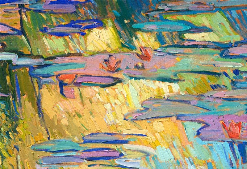 Ever since visiting Monet's water lily pond in Giverny last year, I have had visions of changing light and reflected trees dancing in my head. I wanted to capture the beautiful colors of daylight during the golden hour in this oil painting of Monet's garden. Thick, impressionistic brush strokes convey a sense of movement to the painting.