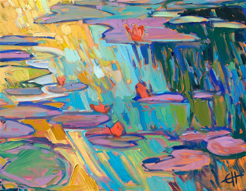 Ever since visiting Monet's water lily pond in Giverny last year, I have had visions of changing light and reflected trees dancing in my head. I wanted to capture the beautiful colors of daylight during the golden hour in this oil painting of Monet's garden. Thick, impressionistic brush strokes convey a sense of movement to the painting.