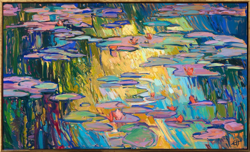 Ever since visiting Monet's water lily pond in Giverny last year, I have had visions of changing light and reflected trees dancing in my head. I wanted to capture the beautiful colors of daylight during the golden hour in this oil painting of Monet's garden. Thick, impressionistic brush strokes convey a sense of movement to the painting.
