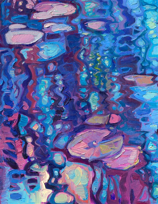Monet's water lily garden continues to inspire me every time I look at the photos I took in Giverny. I love the moody color palette of this painting, with royal blues mixed with lavish purple and spots of mauve. Thick brush strokes of oil paint capture the waving reflections in the still water.