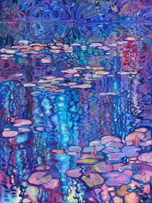 Monet's water lily garden continues to inspire me every time I look at the photos I took in Giverny. I love the moody color palette of this painting, with royal blues mixed with lavish purple and spots of mauve. Thick brush strokes of oil paint capture the waving reflections in the still water.