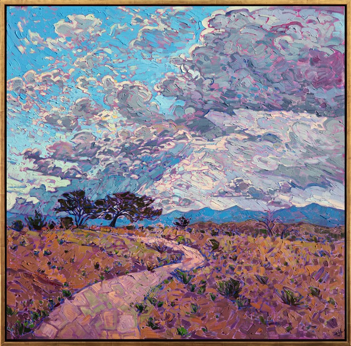 A sweep of monsoon clouds gather above this New Mexico horizon, the purple shadows and distant blue mountain range a beautiful contrast to the warm grasses in the foreground. The impressionist brush strokes are lively and full of texture and color. </p><p>This painting was created on 1-1/2" canvas, with the painting continued around the edges of the canvas. The piece arrives framed in a custom-made, gold floater frame.</p><p>This painting was exhibited in <i><a href="https://www.erinhanson.com/Event/ErinHansonAmericanVistas/" target="_blank">Erin Hanson: American Vistas</i></a> at the Nancy Cawdrey Studios and Gallery in Whitefish, Montana, 2019.