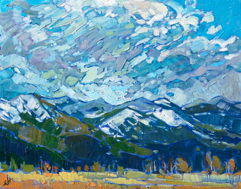 Abstract brush strokes capture the impression of dramatic clouds moving low over a Montana mountain range. The colors of Montana are captured in thick, confident brush strokes.</p><p>This painting was created on linen board, and it arrives ready to hang in a custom-made frame.</p><p>This painting was exhibited in <i><a href="https://www.erinhanson.com/Event/ErinHansonAmericanVistas/" target="_blank">Erin Hanson: American Vistas</i></a> at the Nancy Cawdrey Studios and Gallery in Whitefish, Montana, 2019.