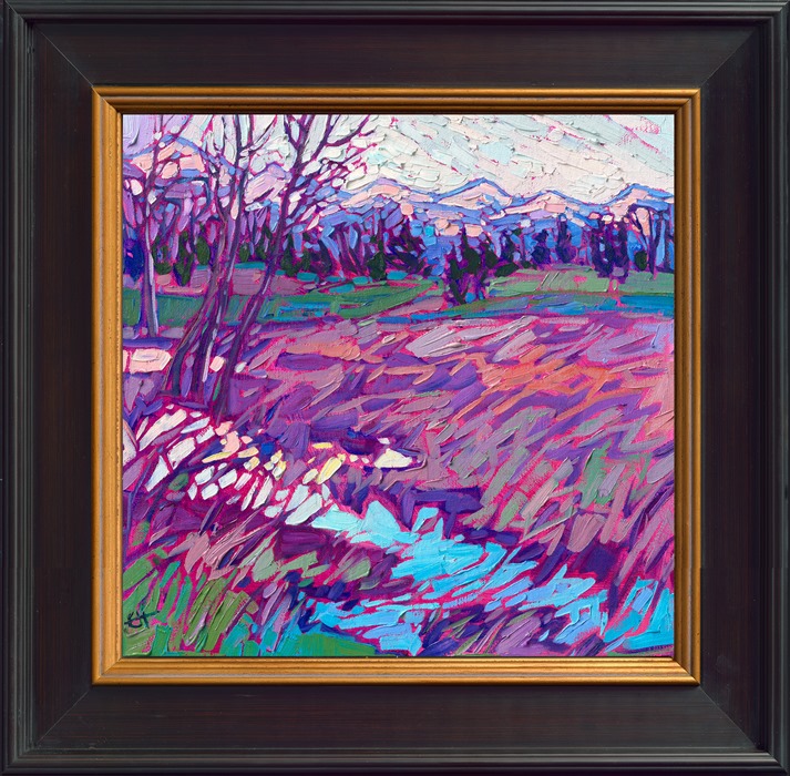 Distant snowcapped mountains frame the winter-purple grasses and low marshlands of Whitefish, Montana. The loose, expressive brush strokes add a sense a motion and rhythm to the painting.</p><p>"Montana Grass" is an original oil painting on linen board. The piece arrives framed in a black and gold plein air frame.