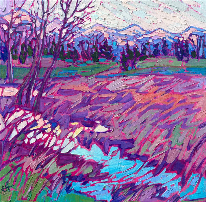 Distant snowcapped mountains frame the winter-purple grasses and low marshlands of Whitefish, Montana. The loose, expressive brush strokes add a sense a motion and rhythm to the painting.

"Montana Grass" is an original oil painting on linen board. The piece arrives framed in a black and gold plein air frame.