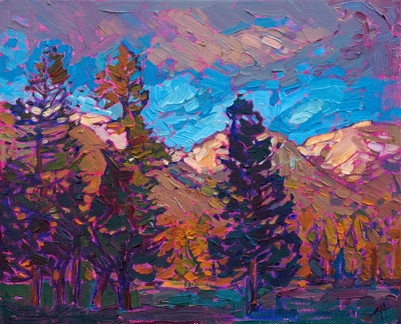 The beautiful color of nothern Montana is portrayed in this painting using thick, impasto brush strokes.  The expressive nature of this petite painting captures the feeling of being outside in wide open space.</p><p>This painting was done on 3/4" stretched canvas, and it has been framed in a classic plein-air frame. It will arrive wired and ready to hang.