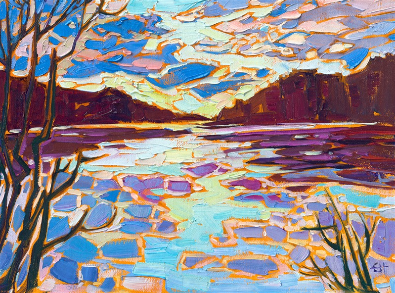 Distant mountains, dark with evergreen trees, are reflected in a still lake near Whitefish, Montana. The expressionistic colors are a combination of reality and the artist's vivid imagination.</p><p>"Montana Reflections" is an original oil painting on linen board. The piece arrives framed in a black and gold plein air frame, ready to hang.
