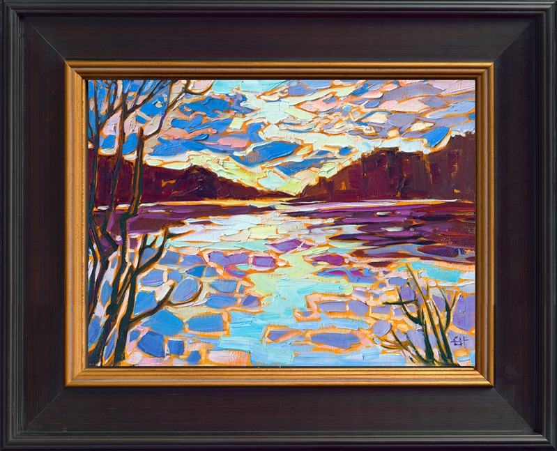 Distant mountains, dark with evergreen trees, are reflected in a still lake near Whitefish, Montana. The expressionistic colors are a combination of reality and the artist's vivid imagination.</p><p>"Montana Reflections" is an original oil painting on linen board. The piece arrives framed in a black and gold plein air frame, ready to hang.