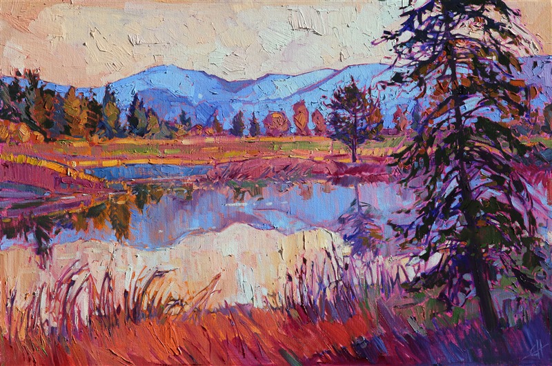 The fine colors of Montana, at Glacier National Park, are captured in this panoramic landscape. This evocative painting transports the viewer to another world of beauty and peace.</p><p>This painting was created on a gallery-depth canvas with the painting continued around the edges. The painting arrives in a beautiful hardwood floater frame, ready to hang. 