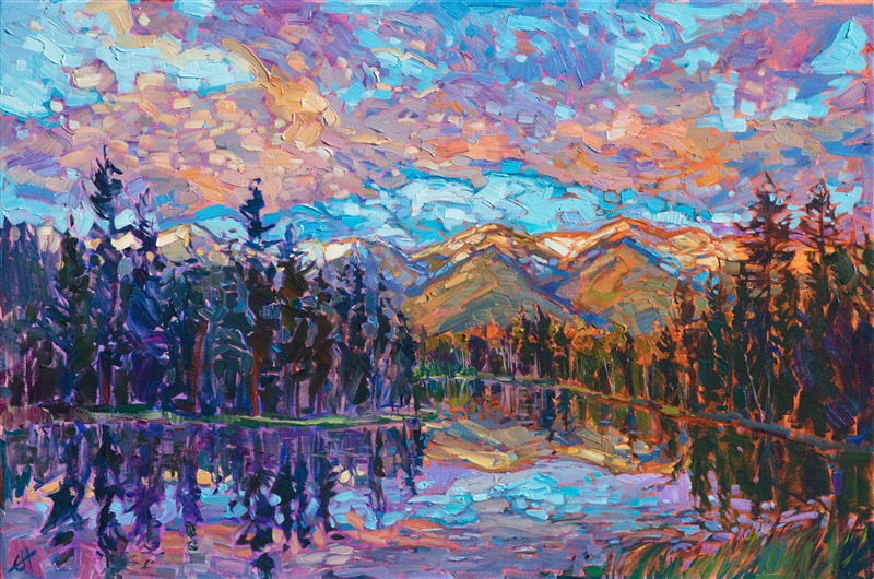 Montana is a land alive with color, especially from late afternoon until dusk. This painting captures the striking color combinations seen at sunset, with thick brush strokes of oil paint applied wtih a loose, painterly style.</p><p>This painting was done on 1-1/2" canvas, with the painting continued around the edges of the canvas, and it has been framed in a custom, gold-leaf floater frame. The painting arrives ready to hang.