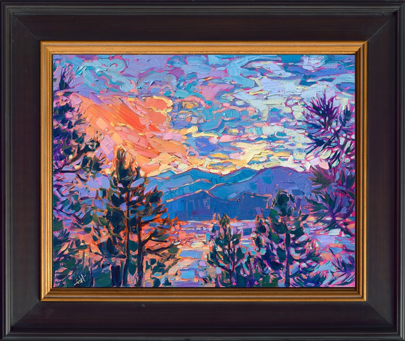 A petite oil painting of a Montana sunset captures the vivid hues of the northwest with thick, impressionistic brush strokes. Brilliant sunset colors are reflected in a mountain lake, surrounded by tall pines.</p><p>"Montana Sunset" is an original oil painting created on linen board. The piece arrives framed in a wide, plein air frame, ready to hang.