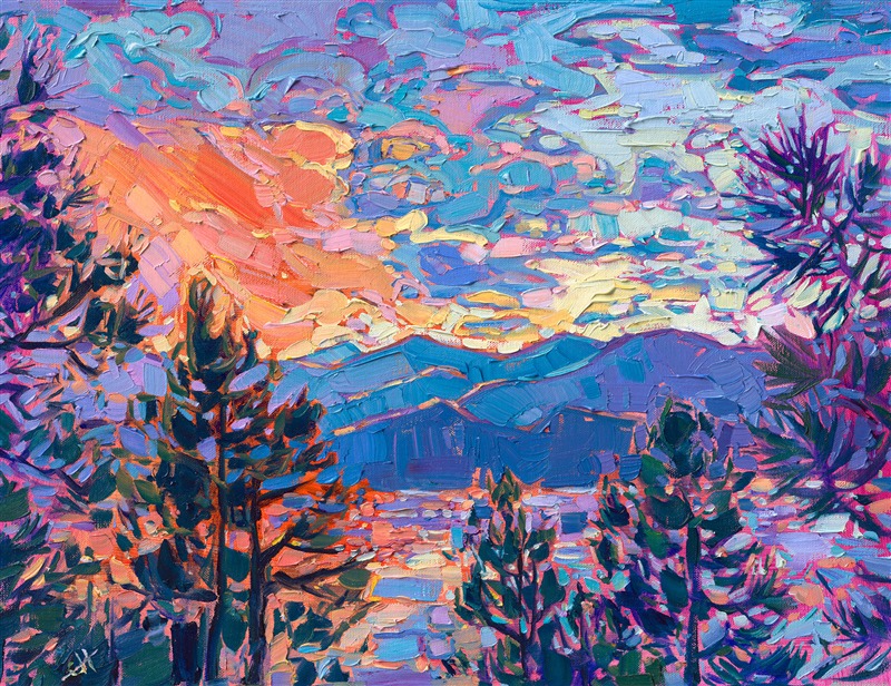 A petite oil painting of a Montana sunset captures the vivid hues of the northwest with thick, impressionistic brush strokes. Brilliant sunset colors are reflected in a mountain lake, surrounded by tall pines.</p><p>"Montana Sunset" is an original oil painting created on linen board. The piece arrives framed in a wide, plein air frame, ready to hang.