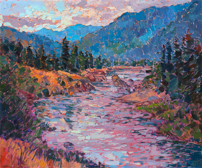 The majestic light of Montana is captured here in impressionistic brush strokes and vivid color.  This painting was inspired by the landscape near Missoula, MT.  The pine-covered mountains turn amazing shades of blue, purple, and turquoise in the changing afternoon light.</p><p>This painting was done on 3/4" stretched canvas, and it has been framed in a classic plein-air frame. It will arrive wired and ready to hang.