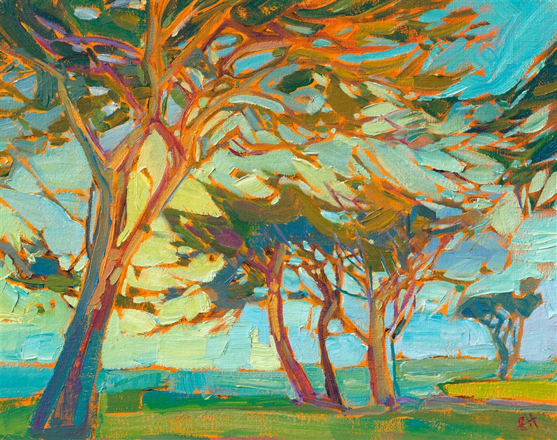 Monterey is beautiful in the early morning light just after dawn, the cypress trees reflecting the multi-hued light of sunrise.  Each brush stroke in this painting is applied with deliberation, intent on creating an effect within the overall composition.</p><p>This small oil painting arrives framed and ready to hang. This classic work from 2015 is being sold on consignment at The Erin Hanson Gallery.