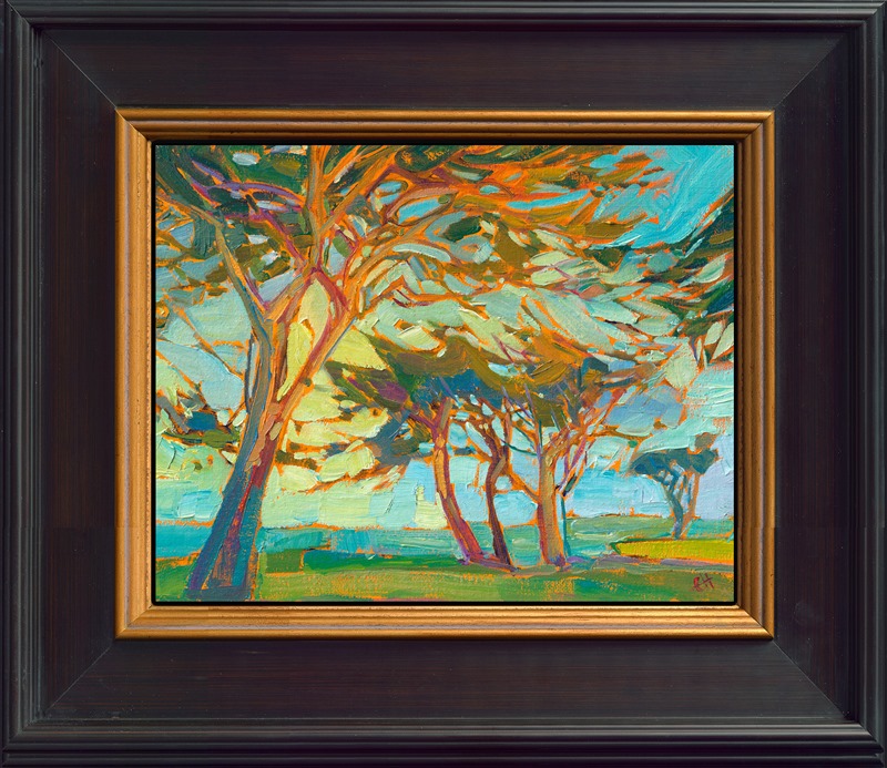 Monterey is beautiful in the early morning light just after dawn, the cypress trees reflecting the multi-hued light of sunrise.  Each brush stroke in this painting is applied with deliberation, intent on creating an effect within the overall composition.</p><p>This small oil painting arrives framed and ready to hang. This classic work from 2015 is being sold on consignment at The Erin Hanson Gallery.
