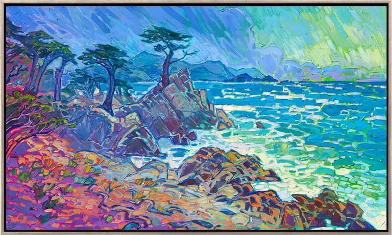 Vibrant hues of turquoise and blue seem to leap from the canvas in this impressionistic depiction of Monterey, California. Each brush stroke is alive with energy and color, capturing the fresh air of the outdoors.</p><p>"Monterey Clouds" is an original oil painting created on stretched canvas. The piece arrives framed in a burnished silver "EH" floater frame with dark, pebbled sides.