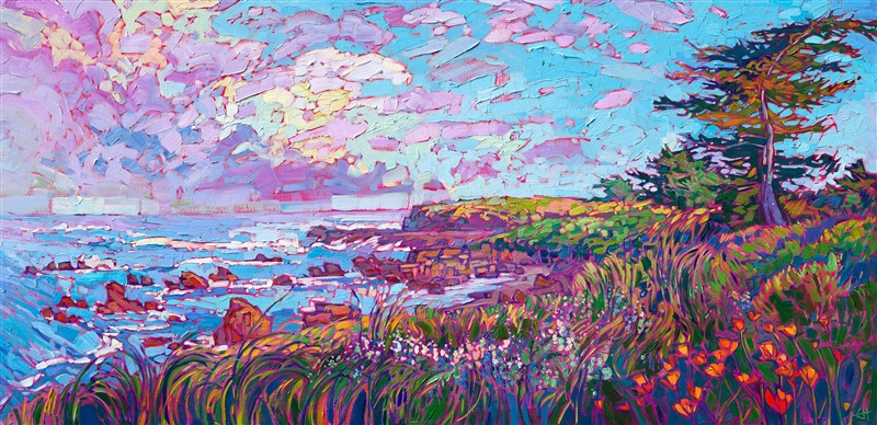 Loose, expressive brush strokes capture the impressionistic mood of Monterey, in central California. The early morning hues of lavender and pink reflect off the ever-moving ocean and glitter on the springtime wildflowers growing along the rocky coastline.</p><p>"Monterey Coast" was created on 1-1/2" canvas, with the painting continued around the edges. The piece arrives framed in a contemporary gold floater frame.