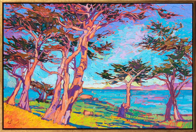 The iconic cypress trees of the Monterey Peninsula capture the multi-colored light of dawn, their papery-white bark the perfect canvas for the dawning light. The cool green grasses cradle the long aqua shadows cast by the cypress trees.</p><p>"Monterey" was created on 1-1/2" canvas, with the painting continued around the edges. The brush strokes are thick and impressionistic, capturing the movement of the trees. The painting arrives framed in a 23kt gold floater frame.</p><p><a href="https://www.erinhanson.com/Testimonials" target="_blank">Read feedback</a> from Erin Hanson's collectors.