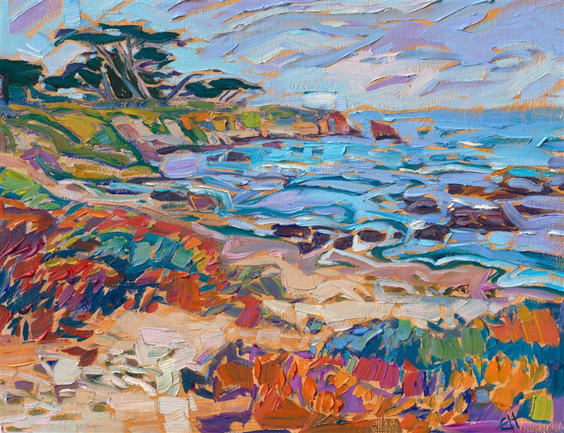 The Monterey Penninsula is captured in vivid hues of purple-red iceplant and baby blue ocean waters. The brush strokes in this petite painting are thickly applied with an expressive hand. The paint strokes fit together like a mosaic of glass tiles.</p><p>"Monterey Cove" is an original oil painting created on linen board. The piece arrives framed in a plein air frame, ready to hang.