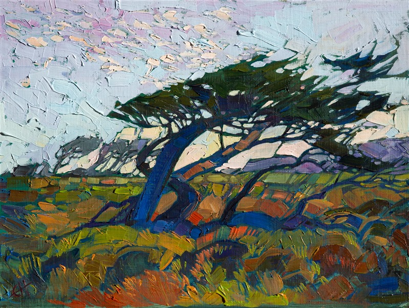 Vivid color brings this oil painting of Monterey to life, with thickly applied brush strokes and a mosaic style of technique, known as Open Impressionism.</p><p>This small oil painting arrives framed and ready to hang.