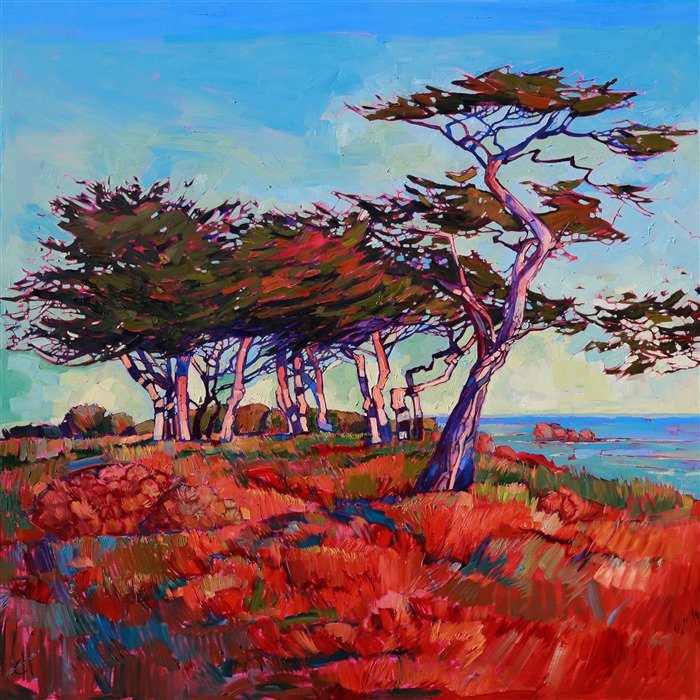 The wispy cypress trees in Monterey are eminently paintable, their pale bark reflecting the colorful atmosphere, the long branches lifting seemingly weightless tufts of green high into the air. These two paintings can be hung close together or separately across the room.