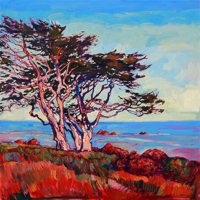 The wispy cypress trees in Monterey are eminently paintable, their pale bark reflecting the colorful atmosphere, the long branches lifting seemingly weightless tufts of green high into the air. These two paintings can be hung close together or separately across the room.