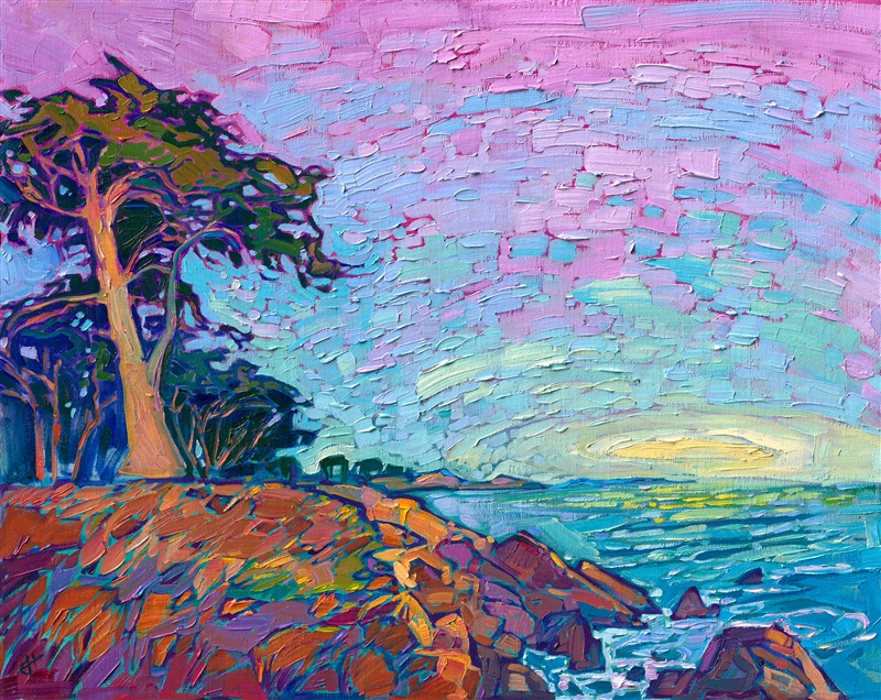 Pacific Grove is most beautiful just before dusk when the entire landscape lights up with hues of pink and orange. This impressionistic painting captures the beauty of the Monterey Peninsula with broad brush strokes. 

"Monterey Dusk" was created on fine linen board, and it arrives ready to hang in a gold plein air frame.