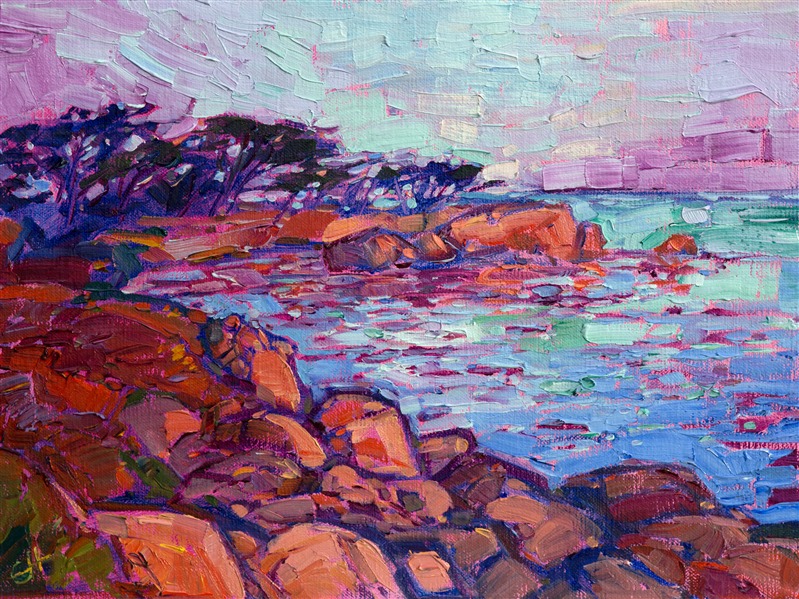 The Monterey coastline is a beautiful scene to paint in the early morning, when the colorful rocks glow with hues of magenta and orange. The ocean water is peaceful and almost mirror calm, quiet before the breaking day.</p><p>This oil painting was done on linen board, and it has been framed in a lovely plein air frame.