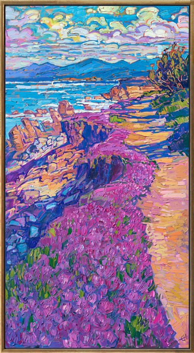 Monterey is famous for its magenta ice plants that grow in abundance along the rocky coastline. The scene is captured with thick, impressionistic brush strokes and lively hues of oil paint.</p><p>"Monterey Ice Plant" was created on 1-1/2" stretched canvas. The painting arrives framed in a contemporary gold floater frame, ready to hang.