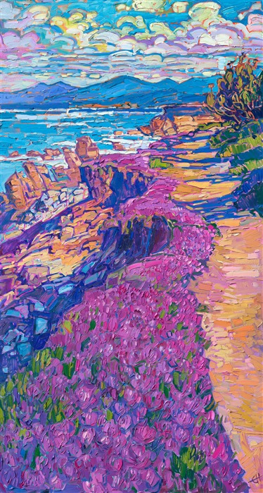 Monterey is famous for its magenta ice plants that grow in abundance along the rocky coastline. The scene is captured with thick, impressionistic brush strokes and lively hues of oil paint.

"Monterey Ice Plant" was created on 1-1/2" stretched canvas. The painting arrives framed in a contemporary gold floater frame, ready to hang.