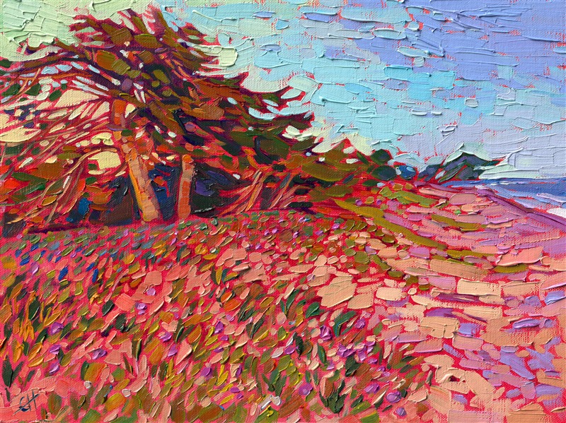 Monterey is famous for its brightly-colored ice plants that grow right along the sandy coastline. This painting captures all the beauty of the peninsula in springtime, with impressionistic color. 

"Monterey Ice Plants" is an original oil painting on linen board. The piece arrives framed in a classic plein air frame.