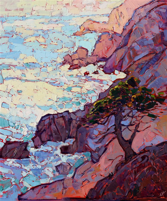 The ragged coastline of Monterey is a beautiful inspiration of abstract shapes and changing color. This painting captures the vista seen from Lone Pine, looking north up the coast.  The brush strokes in this painting are loose and painterly, full of expressive movement.

This painting was done on fine canvas board, and it arrives framed and ready to hang.