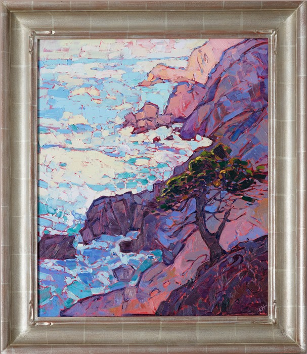 The ragged coastline of Monterey is a beautiful inspiration of abstract shapes and changing color. This painting captures the vista seen from Lone Pine, looking north up the coast.  The brush strokes in this painting are loose and painterly, full of expressive movement.</p><p>This painting was done on fine canvas board, and it arrives framed and ready to hang.